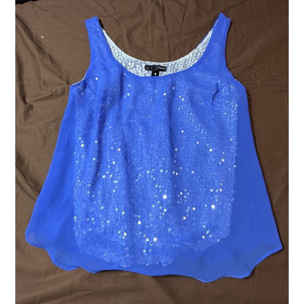 Women's Aqua Blue Sequin Sleeveless Tank Top Size XS Sheer Scoop Neck